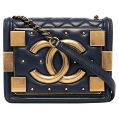 Vintage Chanel Handbag Classic Flap Boy Brick Mini Studded Classic Logo CC Navy Blue Bag