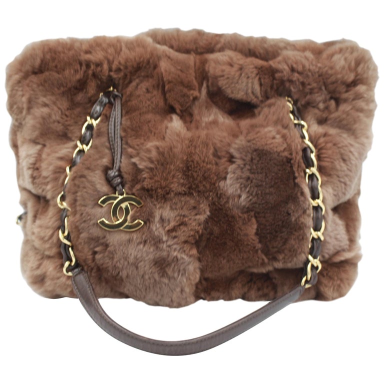KATE SMALL BAG 22 IN PEANUT BROWN RABBIT FUR GOLD CHAIN