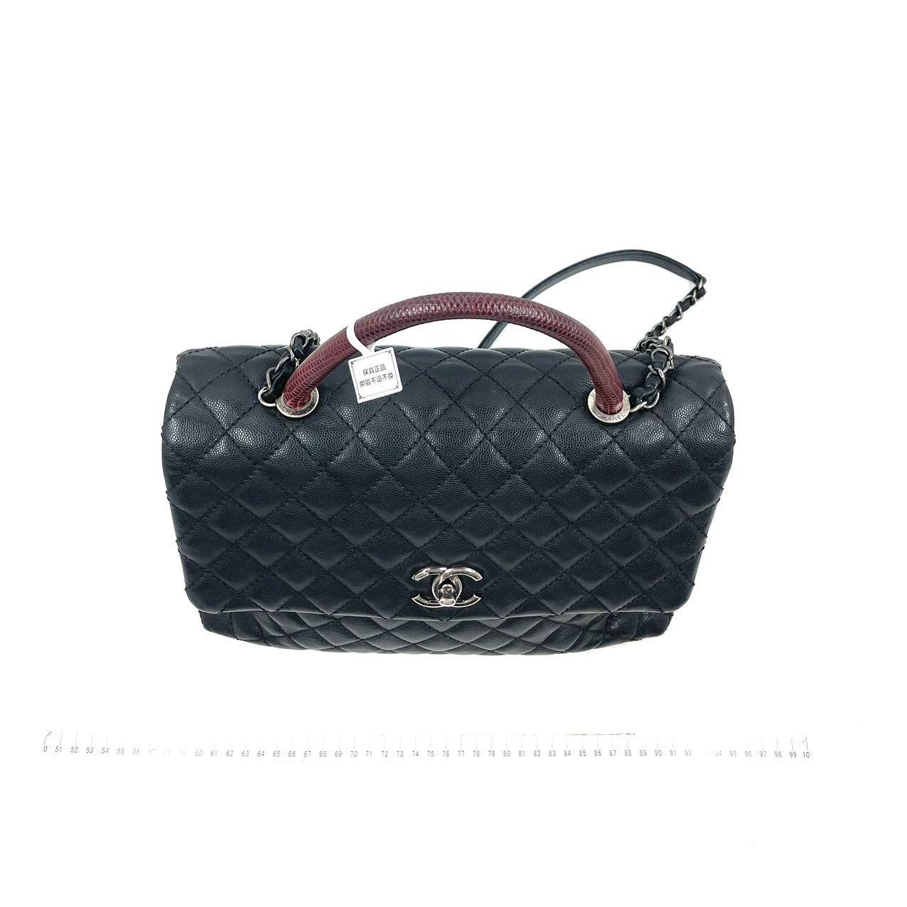 Coco Chanel Poignée Maxi Noir Cuir Caviar Bourgogne Lézard Poignée Argent 32cm 1