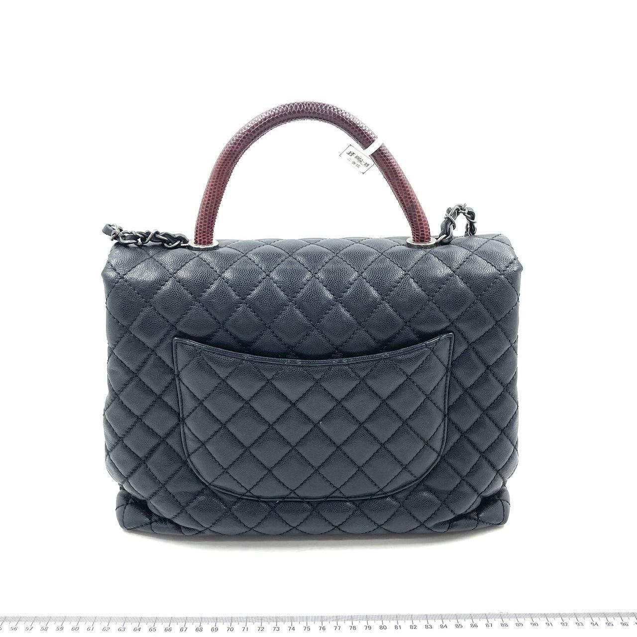 Coco Chanel Poignée Maxi Noir Cuir Caviar Bourgogne Lézard Poignée Argent 32cm 2
