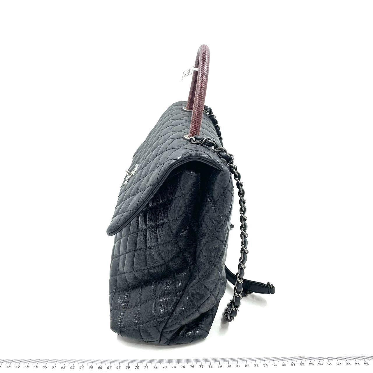 Coco Chanel Poignée Maxi Noir Cuir Caviar Bourgogne Lézard Poignée Argent 32cm 3