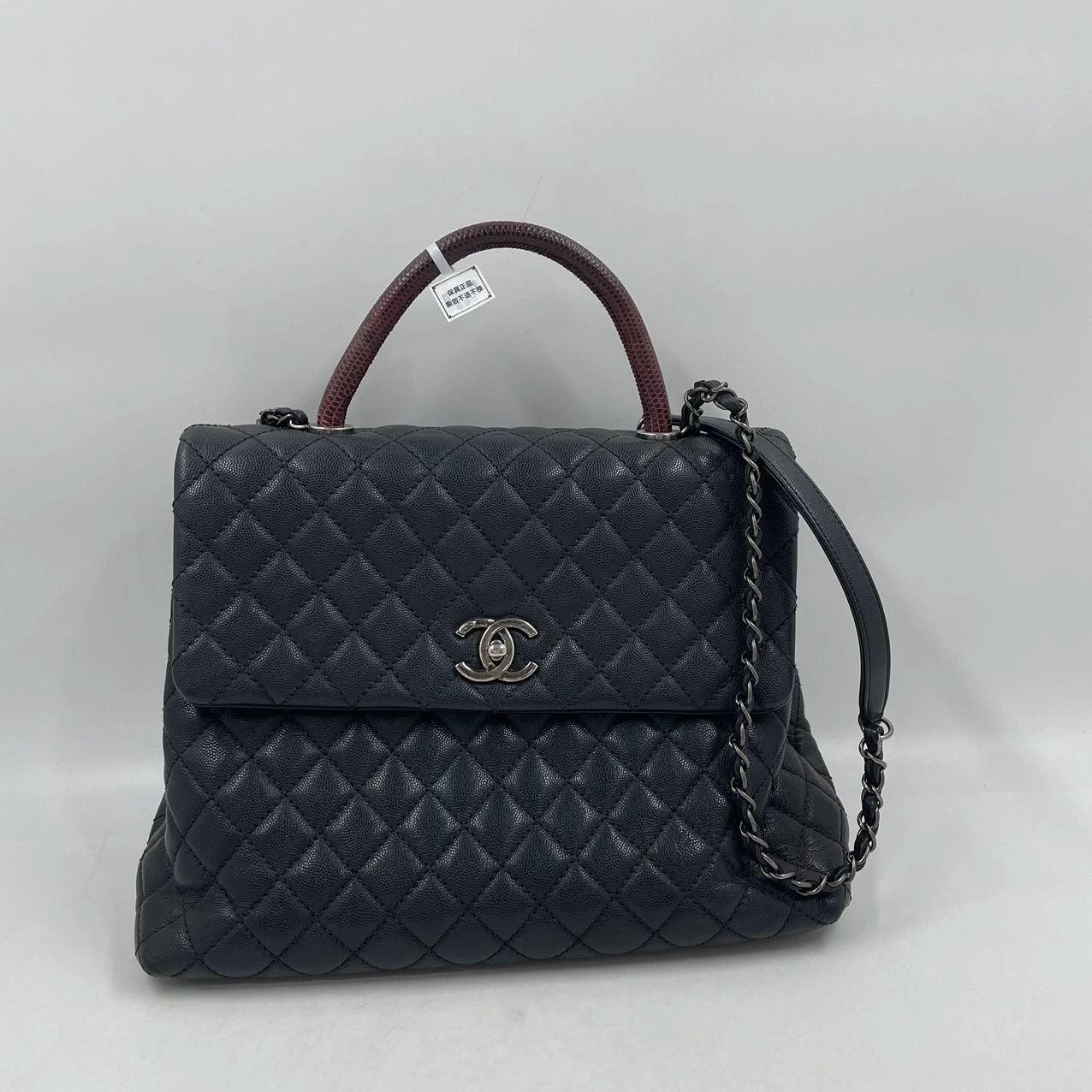 Coco Chanel Poignée Maxi Noir Cuir Caviar Bourgogne Lézard Poignée Argent 32cm 4