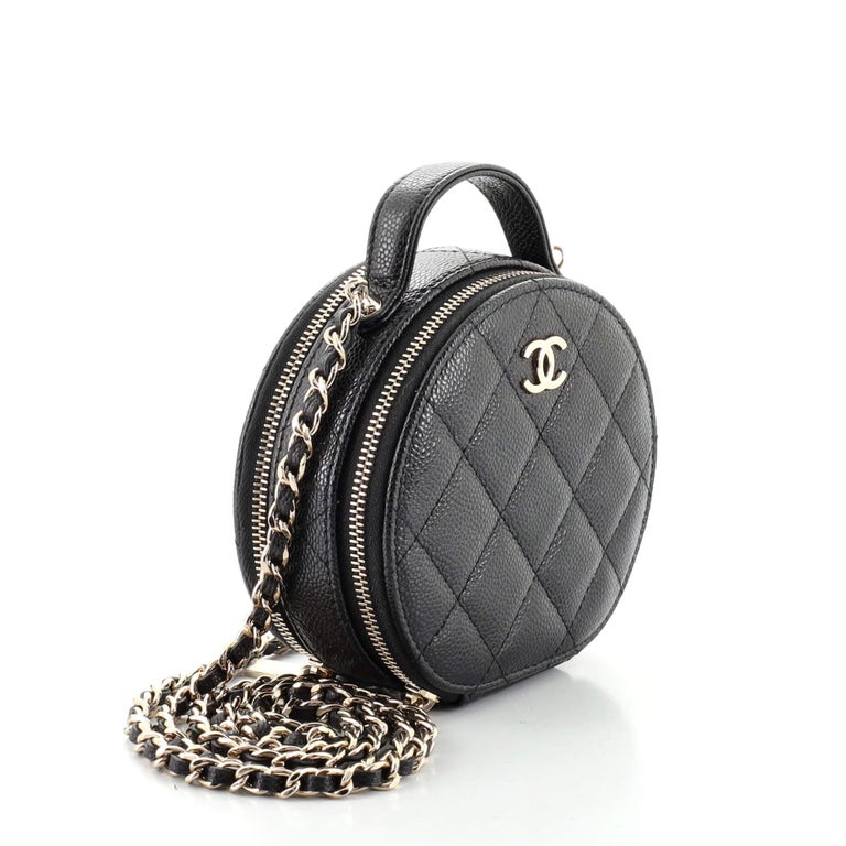 CHANEL, Bags, Chanel Handle With Care Round Vanity Case With Chain  Quilted Caviar Small Black