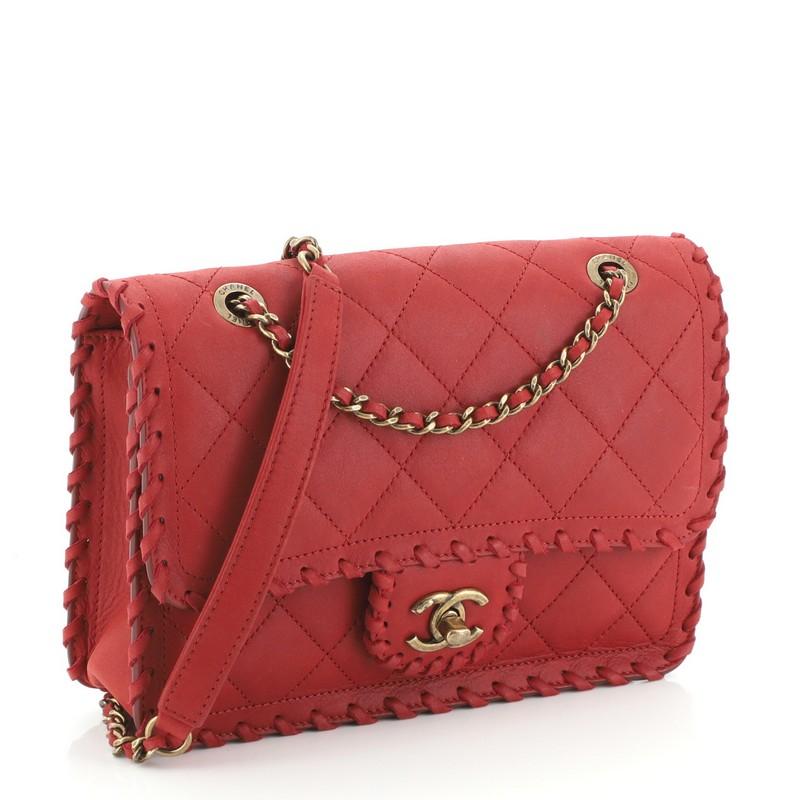 Red Chanel Happy Stitch Flap Bag Quilted Velvet Calfskin Small