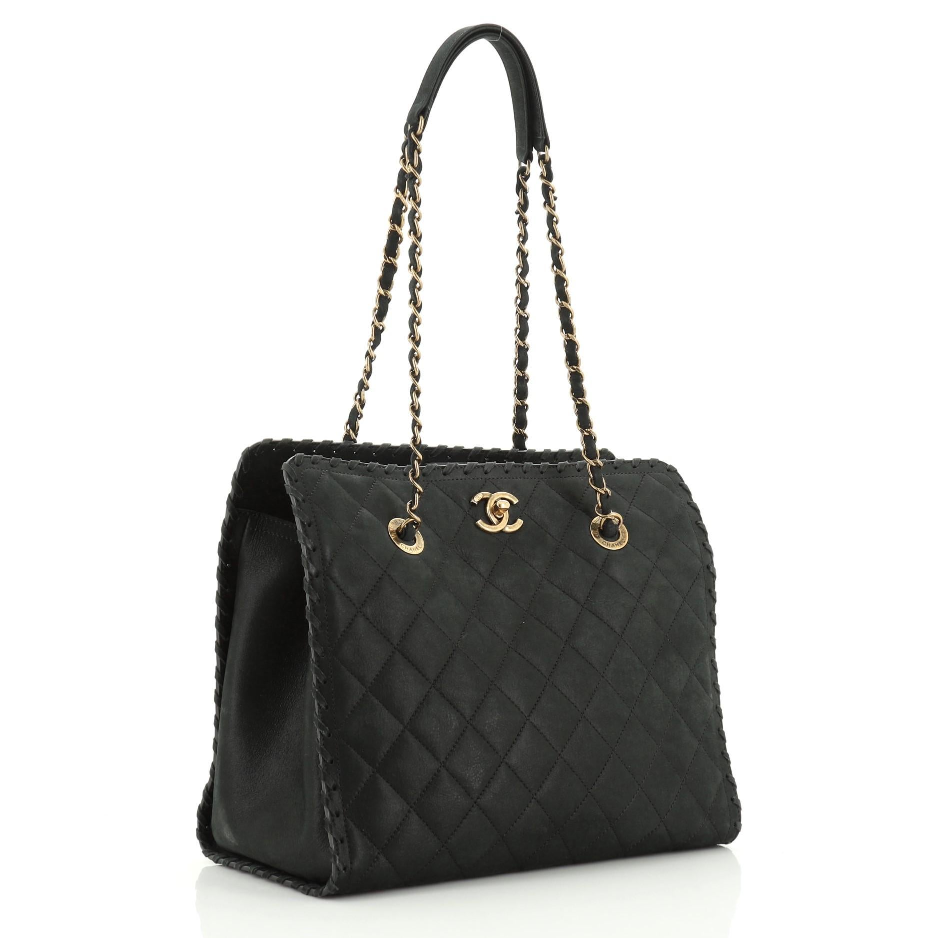 Black Chanel Happy Stitch Tote Quilted Velvet Calfskin Small
