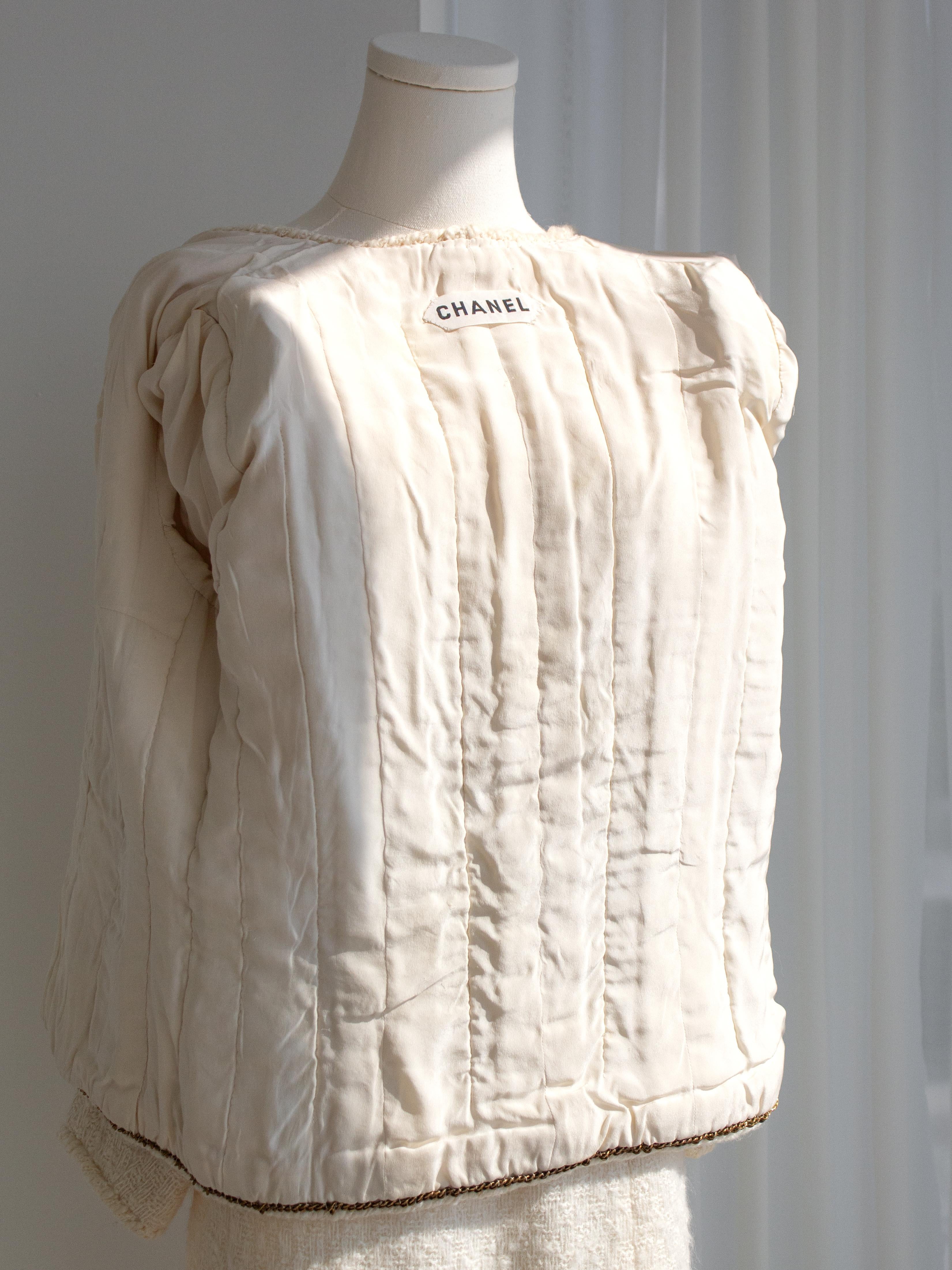 Chanel Haute Couture 1983 Karl Ecru White Gold Belted Tweed Jacket Skirt Suit For Sale 9