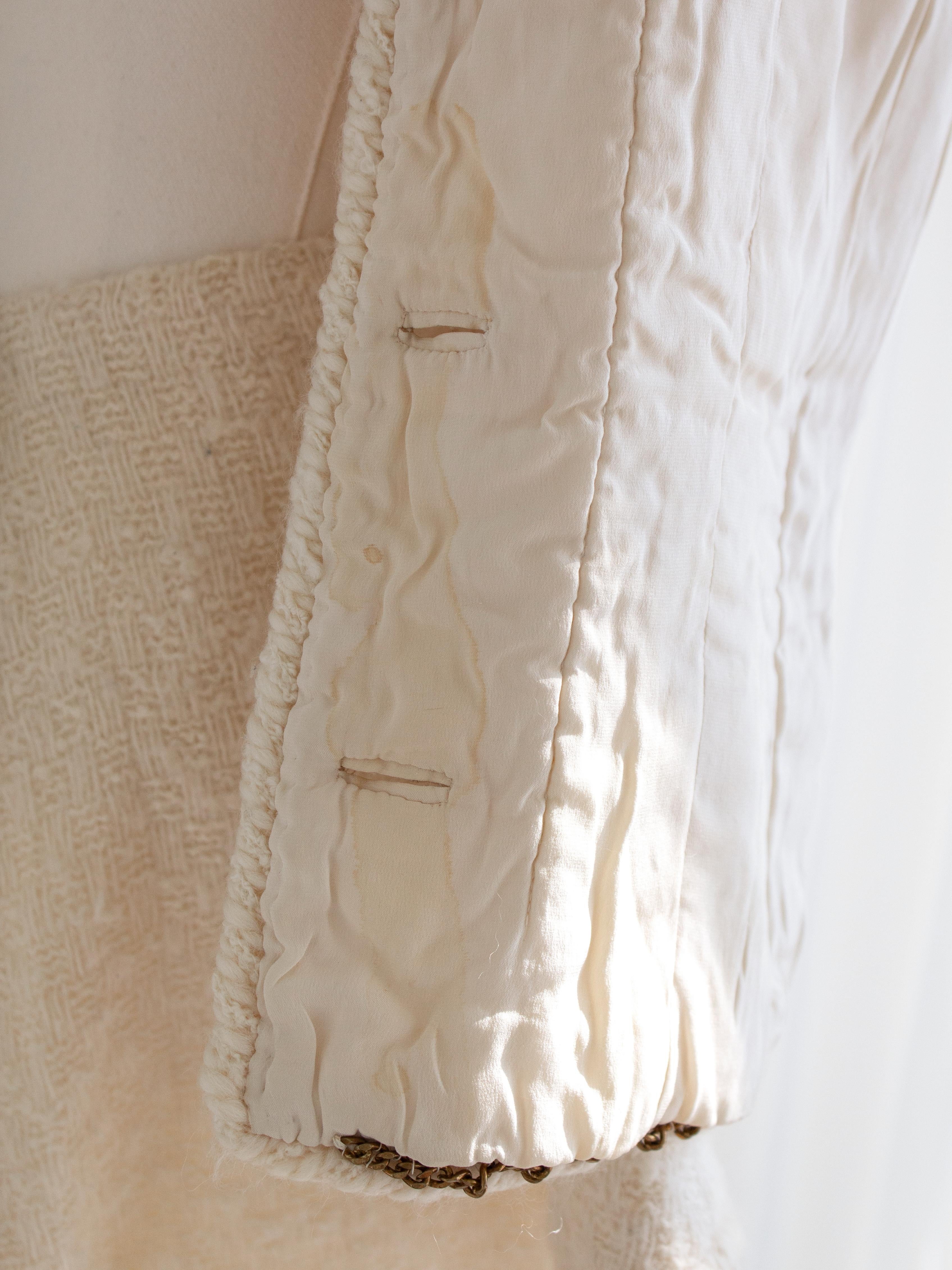 Chanel Haute Couture 1983 Karl Ecru White Gold Belted Tweed Jacket Skirt Suit For Sale 11
