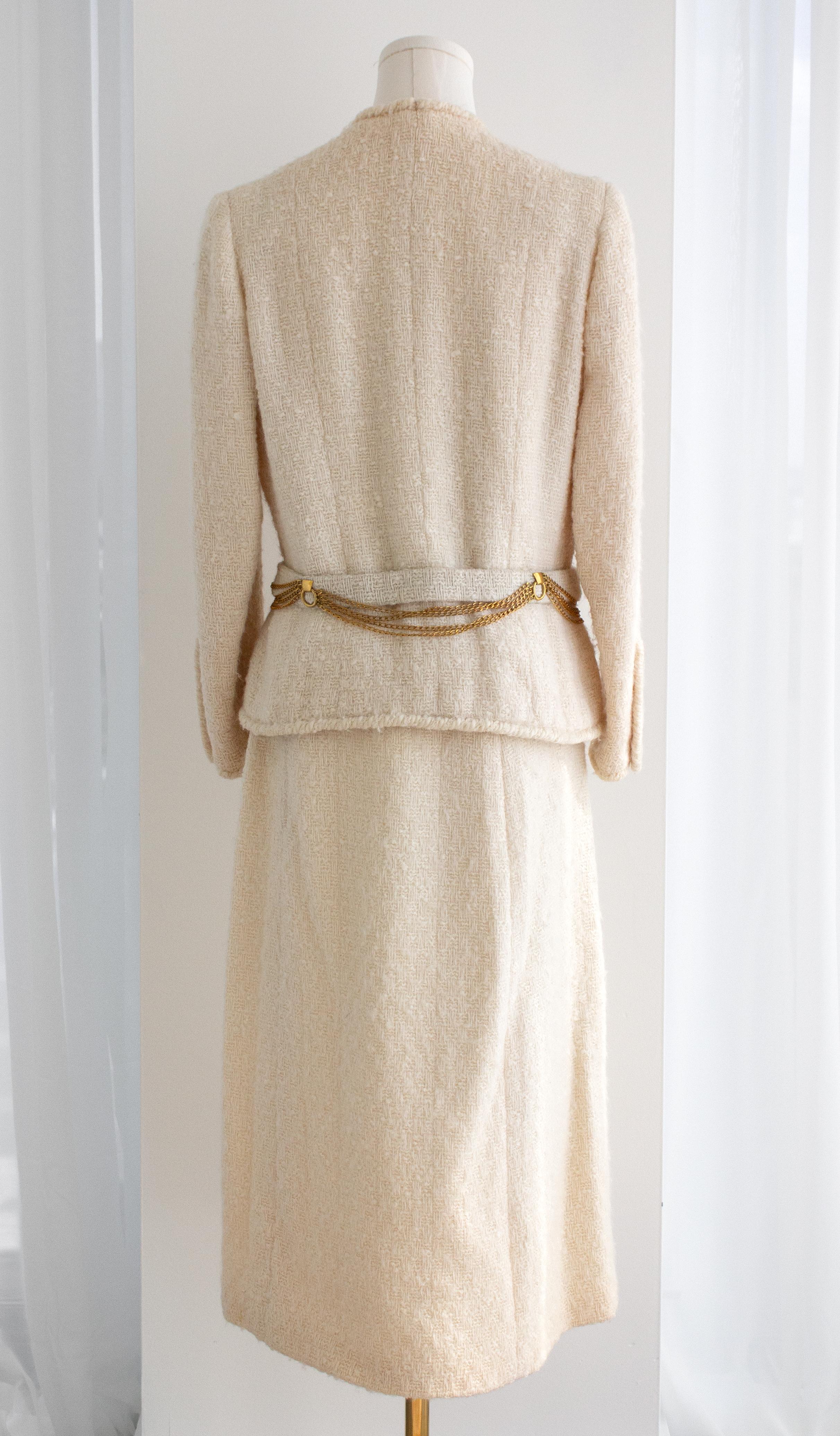 Chanel Haute Couture 1983 Karl Ecru White Gold Belted Tweed Jacket Skirt Suit For Sale 12