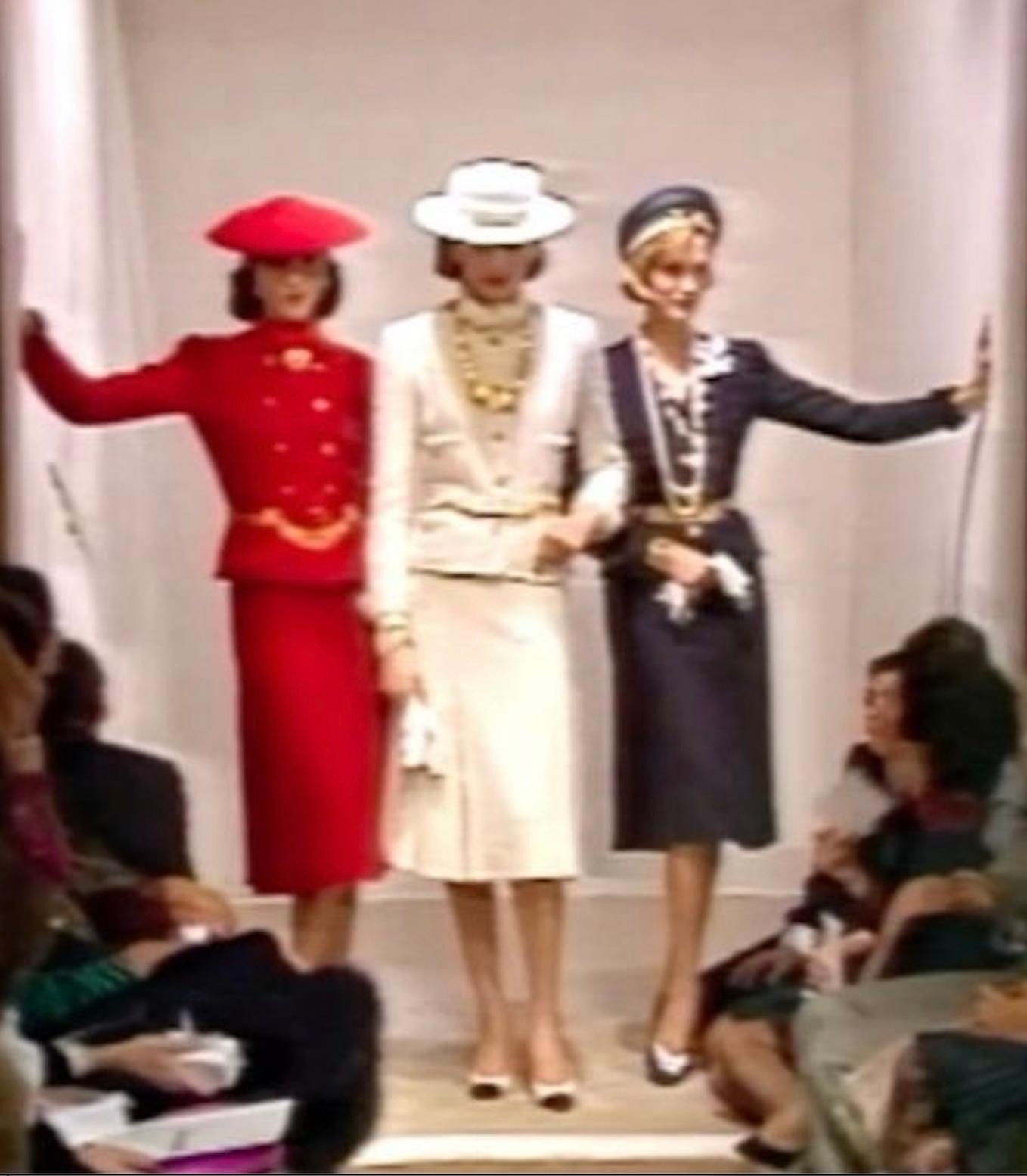 Beige Chanel Haute Couture 1983 Karl Ecru White Gold Belted Tweed Jacket Skirt Suit For Sale