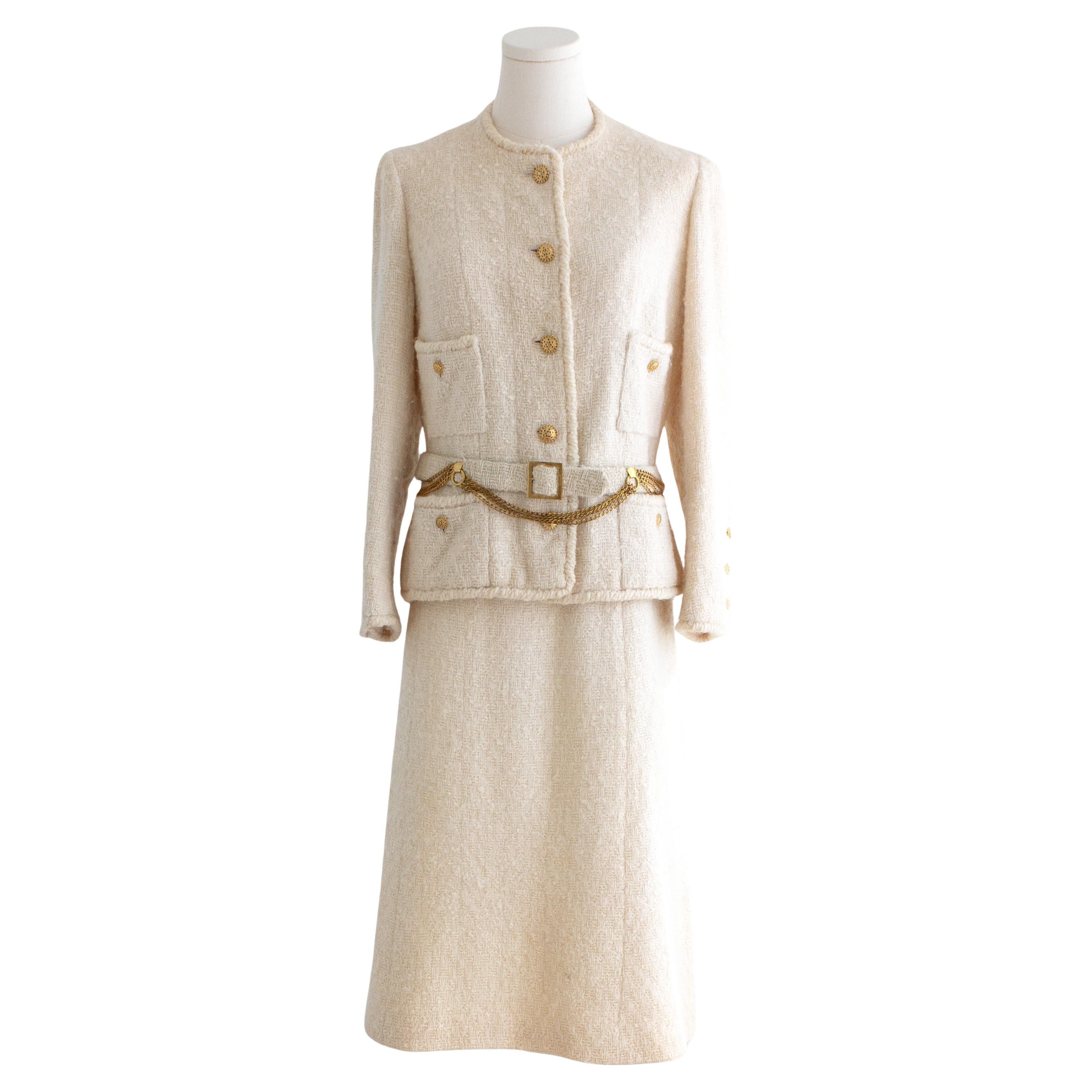 Chanel Haute Couture 1983 Karl Ecru White Gold Belted Tweed Jacket Skirt Suit For Sale
