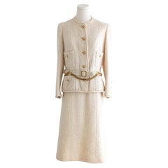 Chanel Haute Couture 1983 Karl Ecru White Gold Belted Tweed Jacket Skirt Suit