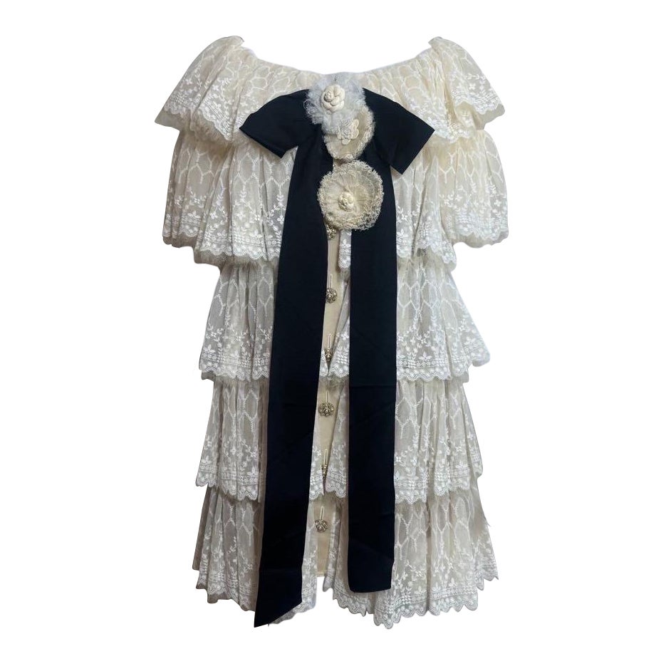 Chanel Haute Couture 2016 Ivory Lace Dress, Camellia Bow 
Pearl Button (Sz 34)