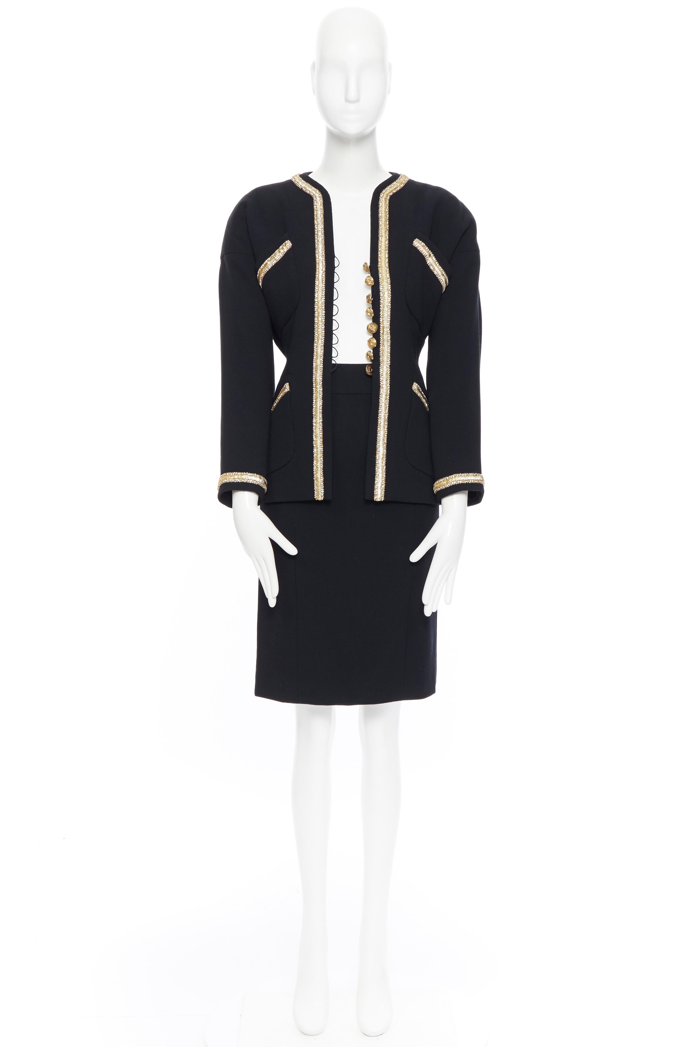 CHANEL HAUTE COUTURE black crystal bead embellished 4 pocket jacket skirt suit
Brand: Chanel
Designer: Karl Lagerfeld
Collection: Couture 
Material: Wool
Color: Black
Pattern: Solid
Closure: Button
Extra Detail: 