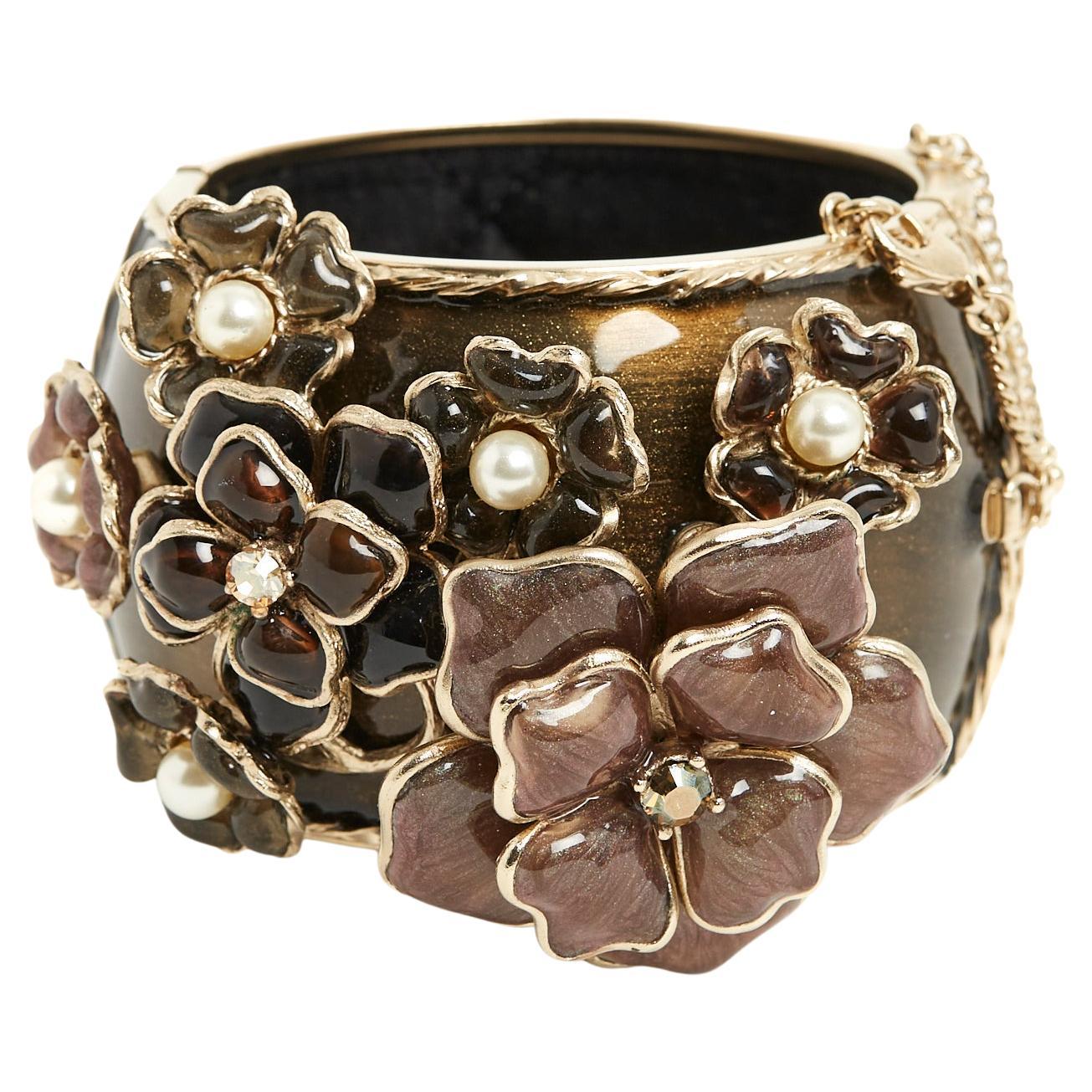 Chanel Haute Couture Bracelet Cuff glass camelia, fancy pearls and diamonds For Sale