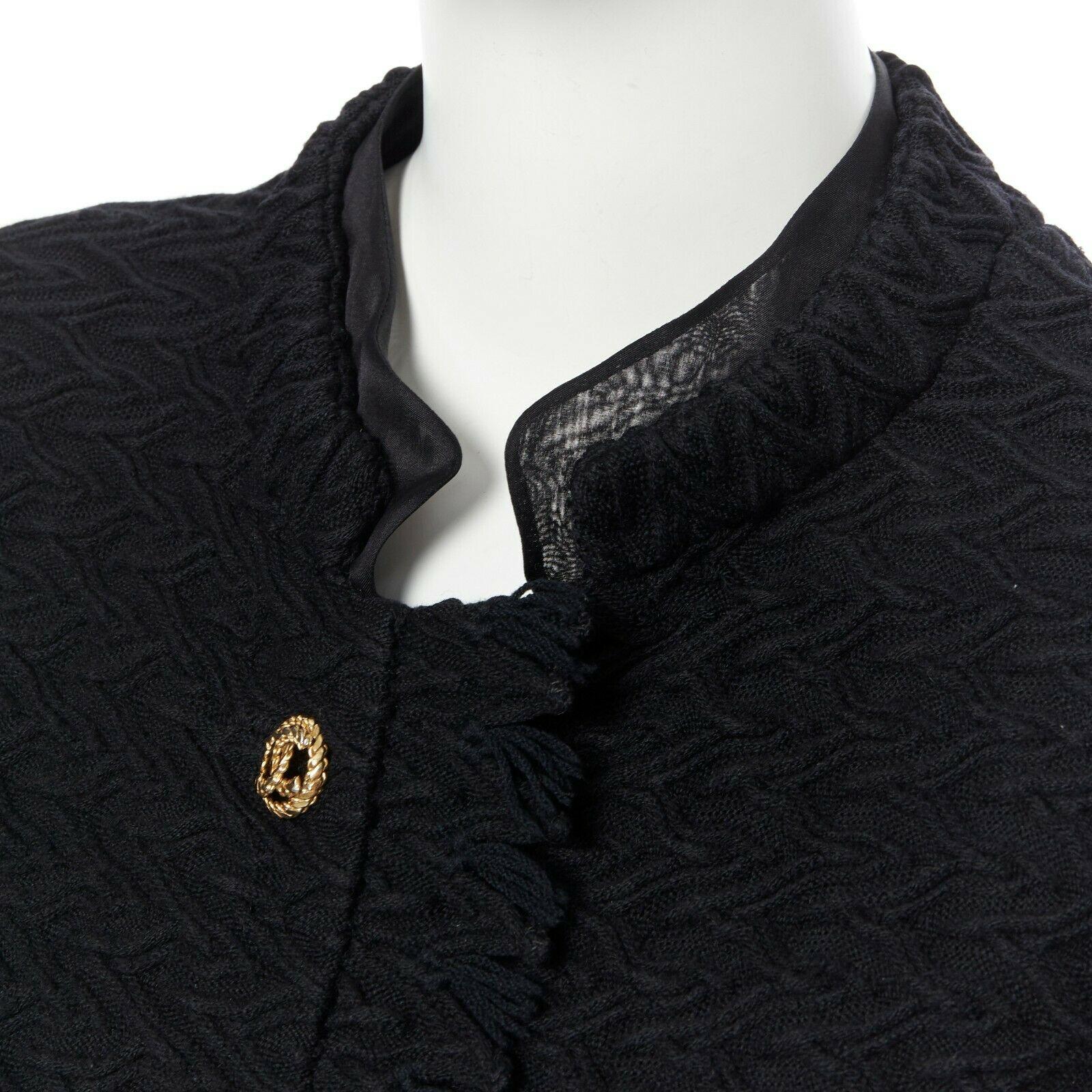 CHANEL HAUTE COUTURE chevron knit gold button high neck fray little black jacket In Excellent Condition In Hong Kong, NT