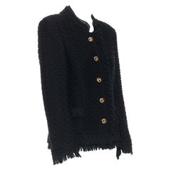 CHANEL HAUTE COUTURE chevron knit gold button high neck fray little black jacket