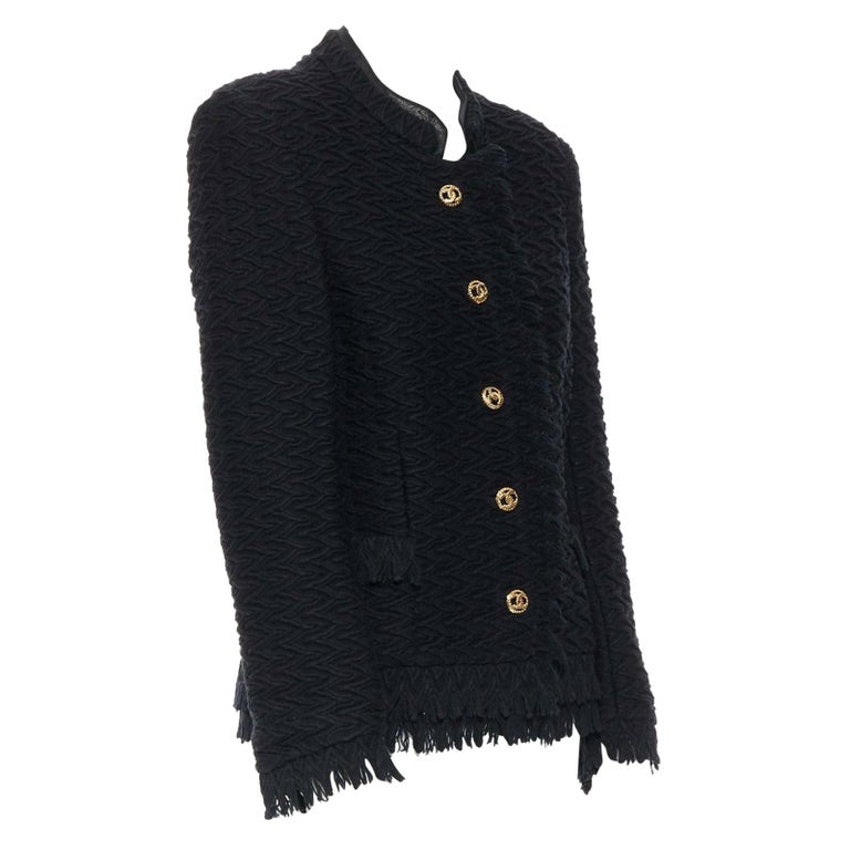 CHANEL HAUTE COUTURE chevron knit gold button high neck fray little ...