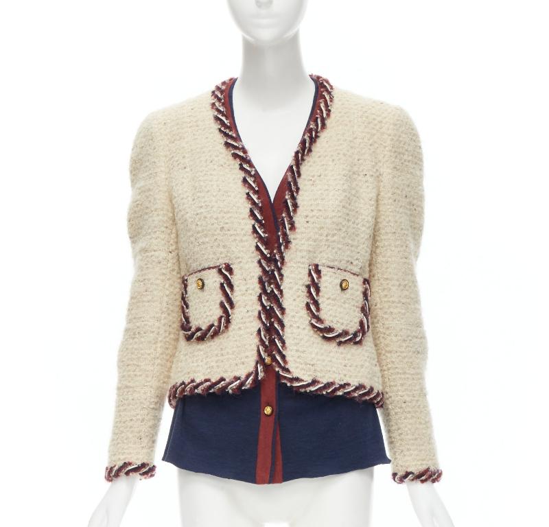 Beige CHANEL Haute Couture ecru boucle tweed oval pocket nautical 2 piece jacket FR38