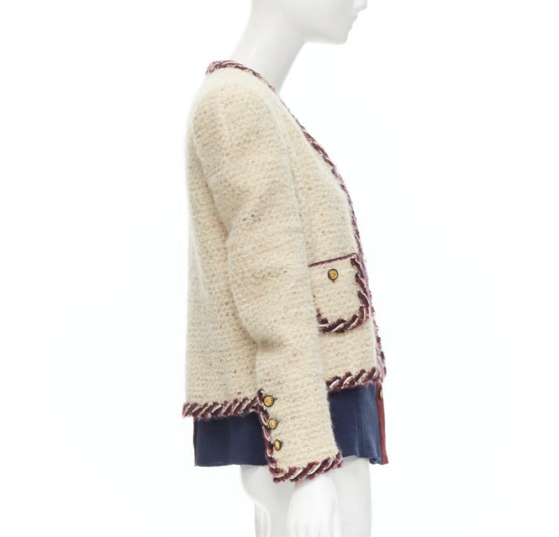 Women's CHANEL Haute Couture ecru boucle tweed oval pocket nautical 2 piece jacket FR38