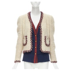Vintage CHANEL Haute Couture ecru boucle tweed oval pocket nautical 2 piece jacket FR38