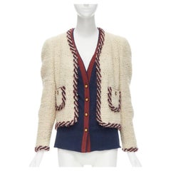 CHANEL Haute Couture ecru boucle tweed oval pocket nautical 2 piece jacket FR38