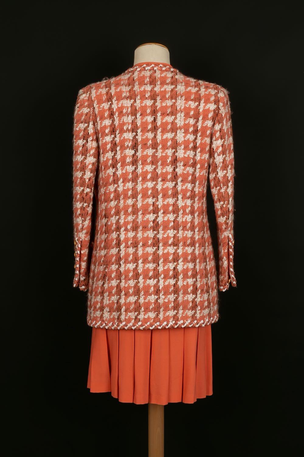 Orange Costume plissé Chanel Haute Couture orange en soie et tweed en vente
