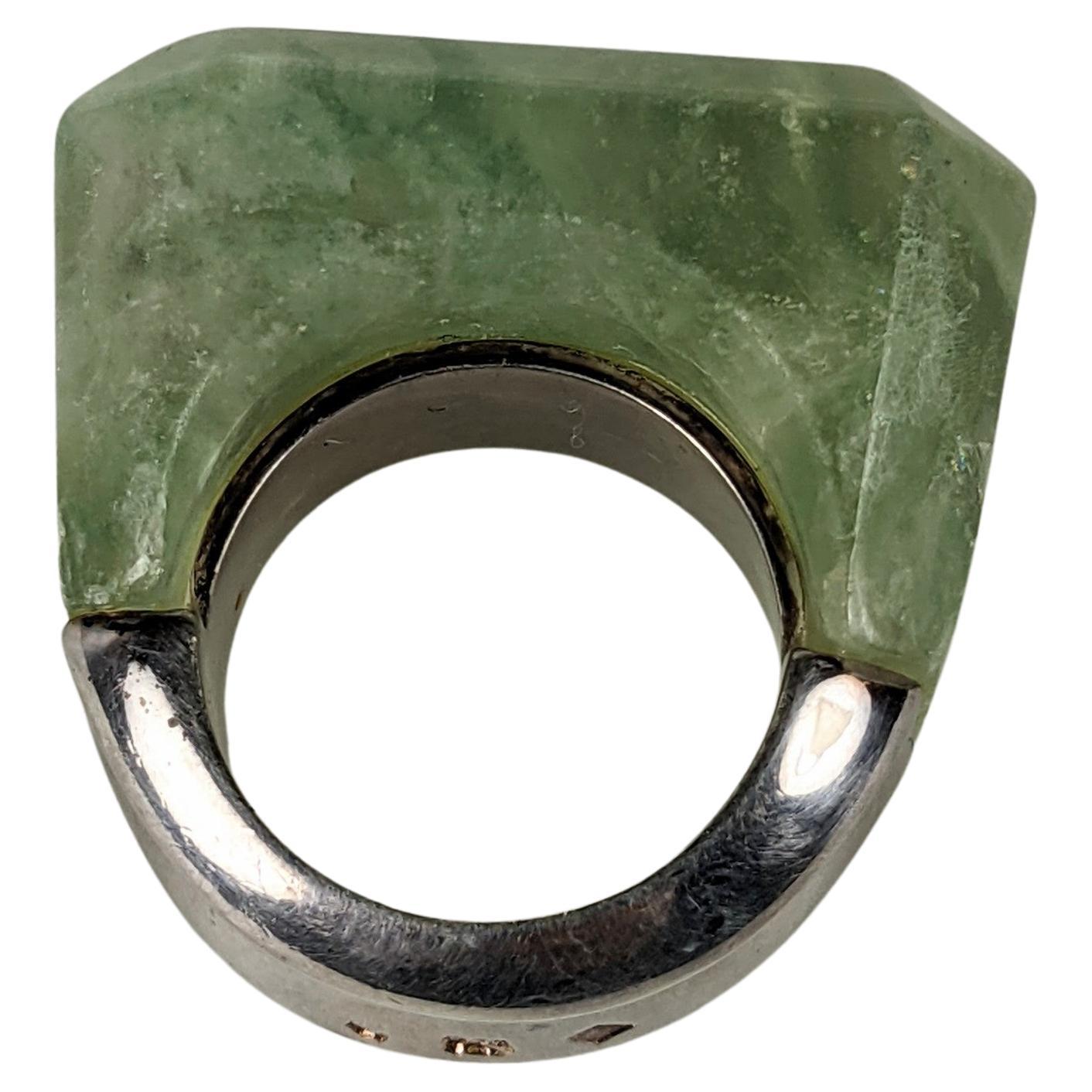 Rare and unusual ring made for Chanel Haute Couture runway presentation for Spring Summer  2000. A massive emerald cut fluorite is mounted into a large sterling silver shank very reminiscent of the work of jeweler Tina Chow.<br />
Made for Karl