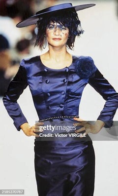 Chanel Haute Couture S/S 1995 Navy Blue Satin Bow Jacket Skirt Suit