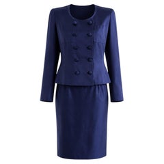Chanel Haute Couture S/S 1995 Navy Blue Satin Bow Jacket Skirt Suit