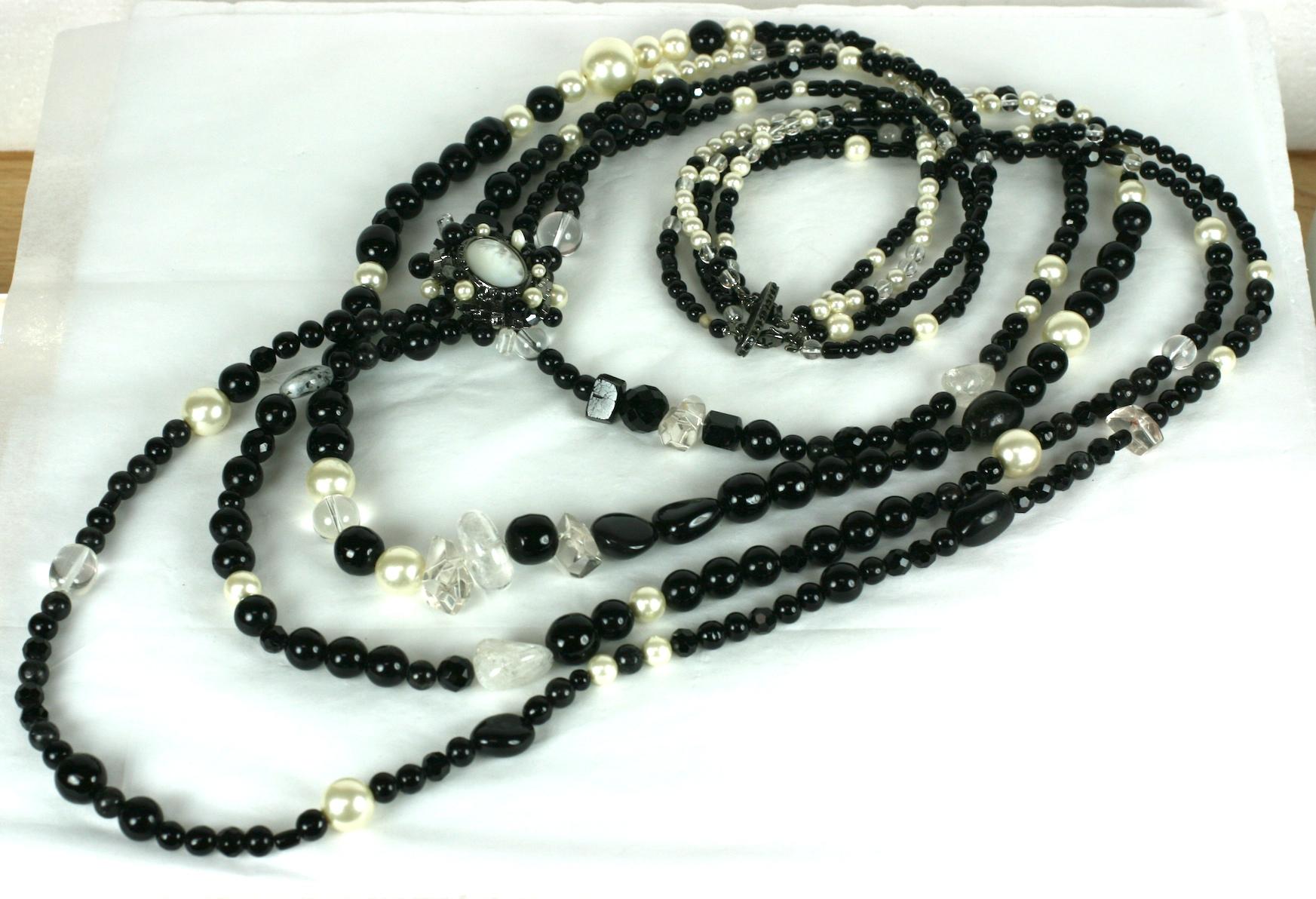 Massive Maison Goossens for Chanel Haute Couture Fall/Winter 2006 artisan inspired long multistrand semiprecious stone bead necklace. Composed of multi strands of jet, tumbled, faceted and polished rock crystal, unusual leopard quartz, hand made