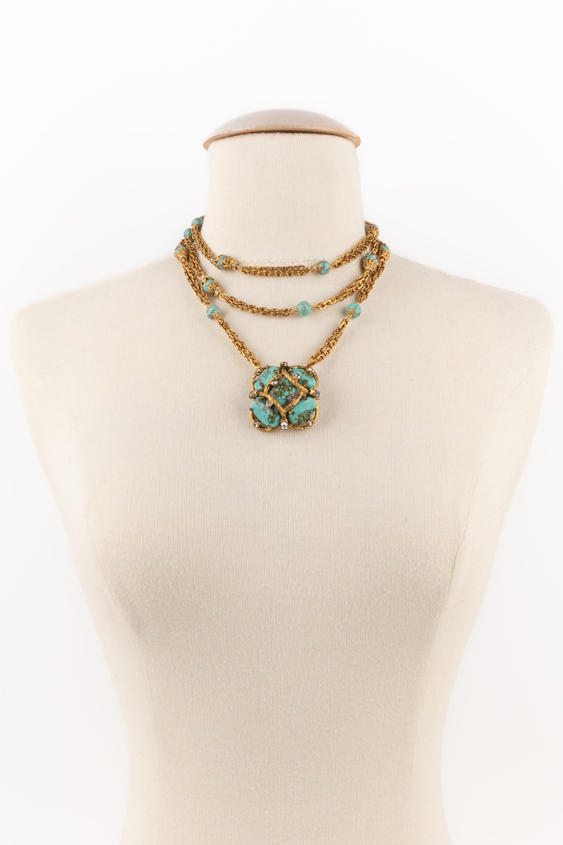 Chanel Haute Couture Turquoise Necklace with Pendant, Glass Paste Pearls In Excellent Condition For Sale In SAINT-OUEN-SUR-SEINE, FR