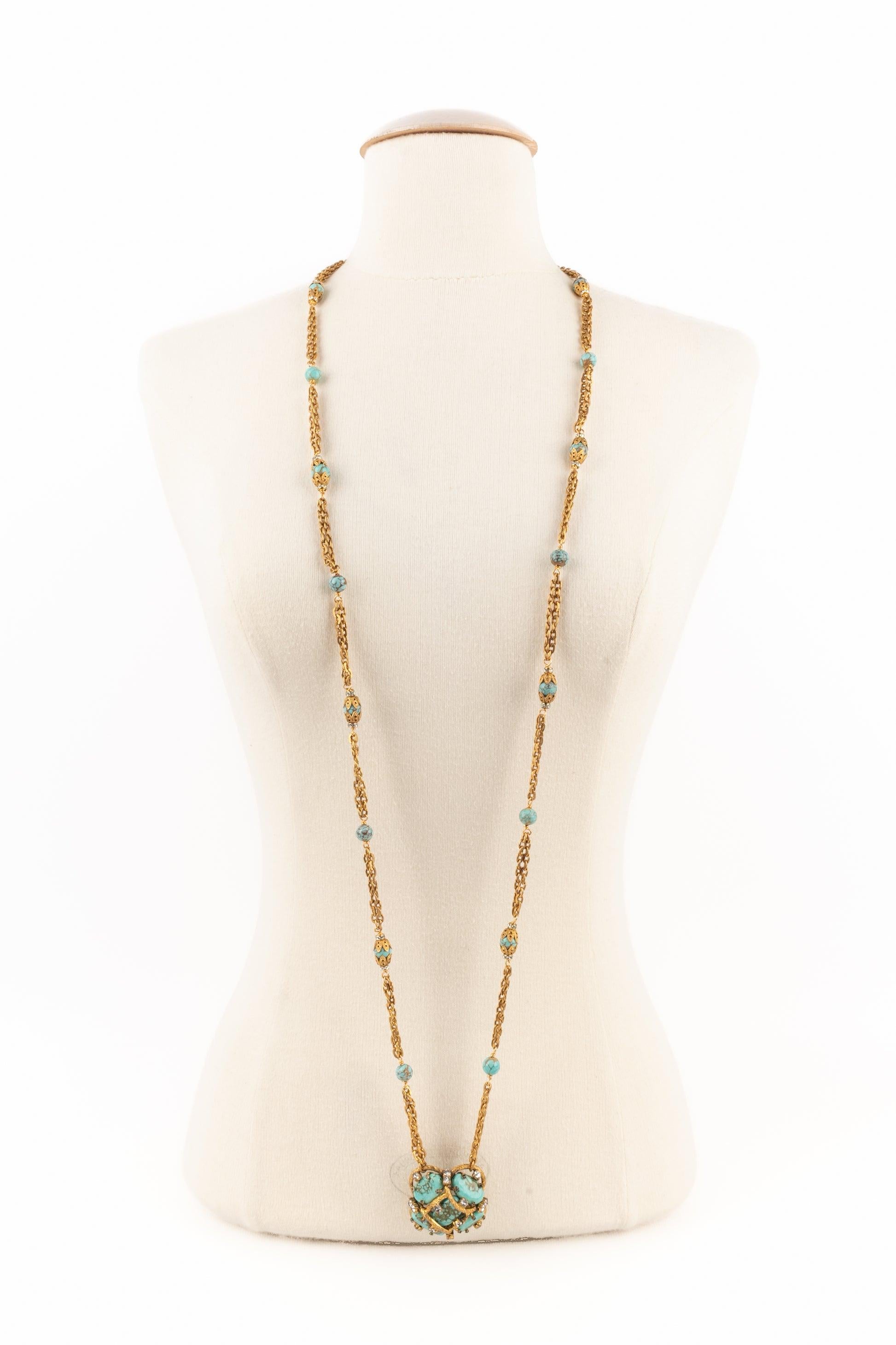 Women's Chanel Haute Couture Turquoise Necklace with Pendant, Glass Paste Pearls For Sale