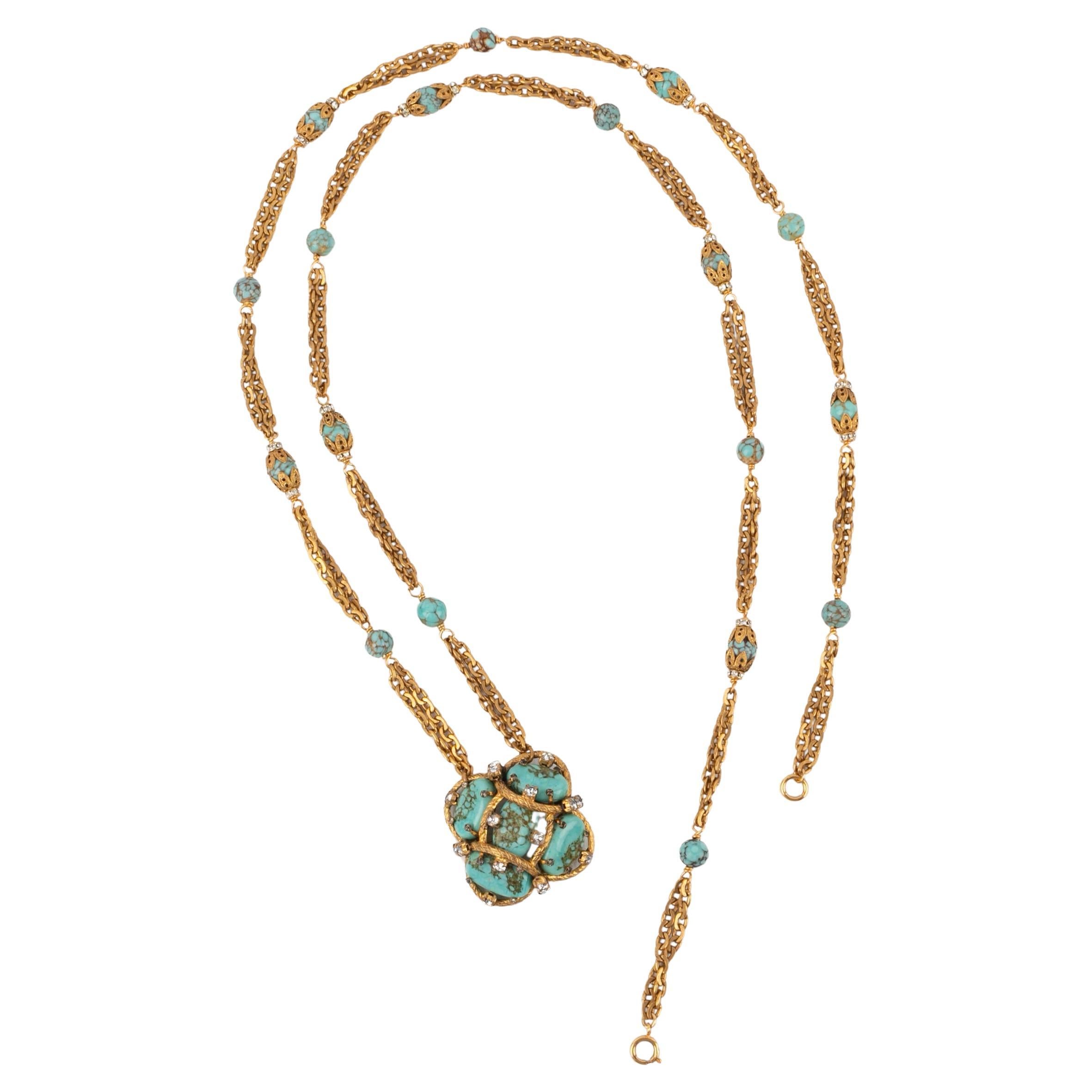 Chanel Haute Couture Turquoise Necklace with Pendant, Glass Paste Pearls For Sale