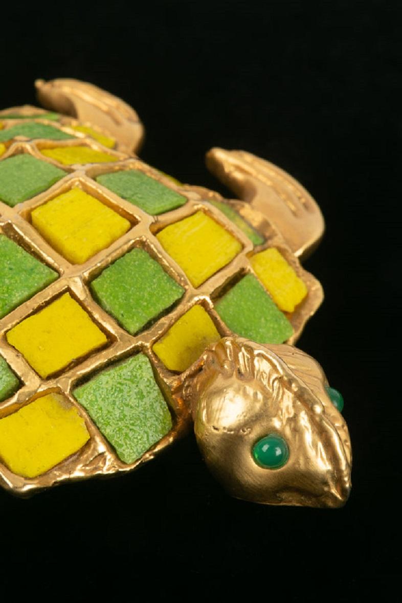 Women's or Men's Chanel Haute Couture Turtle Brooch in Gilded Metal and Earthenware Tiles For Sale