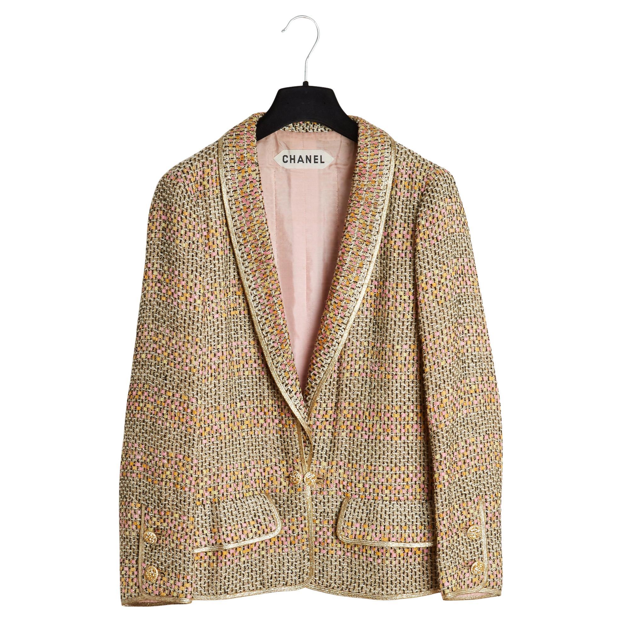 Chanel Alta Costura Veste Or FR38 circa 1990 Chaqueta de tweed de seda dorada UK10 US6