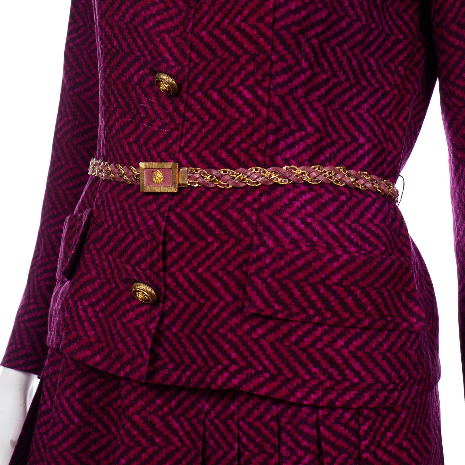 Chanel Haute Couture Vintage 2pc Purple Wool Jacket & Skirt Suit W Braided Belt 12