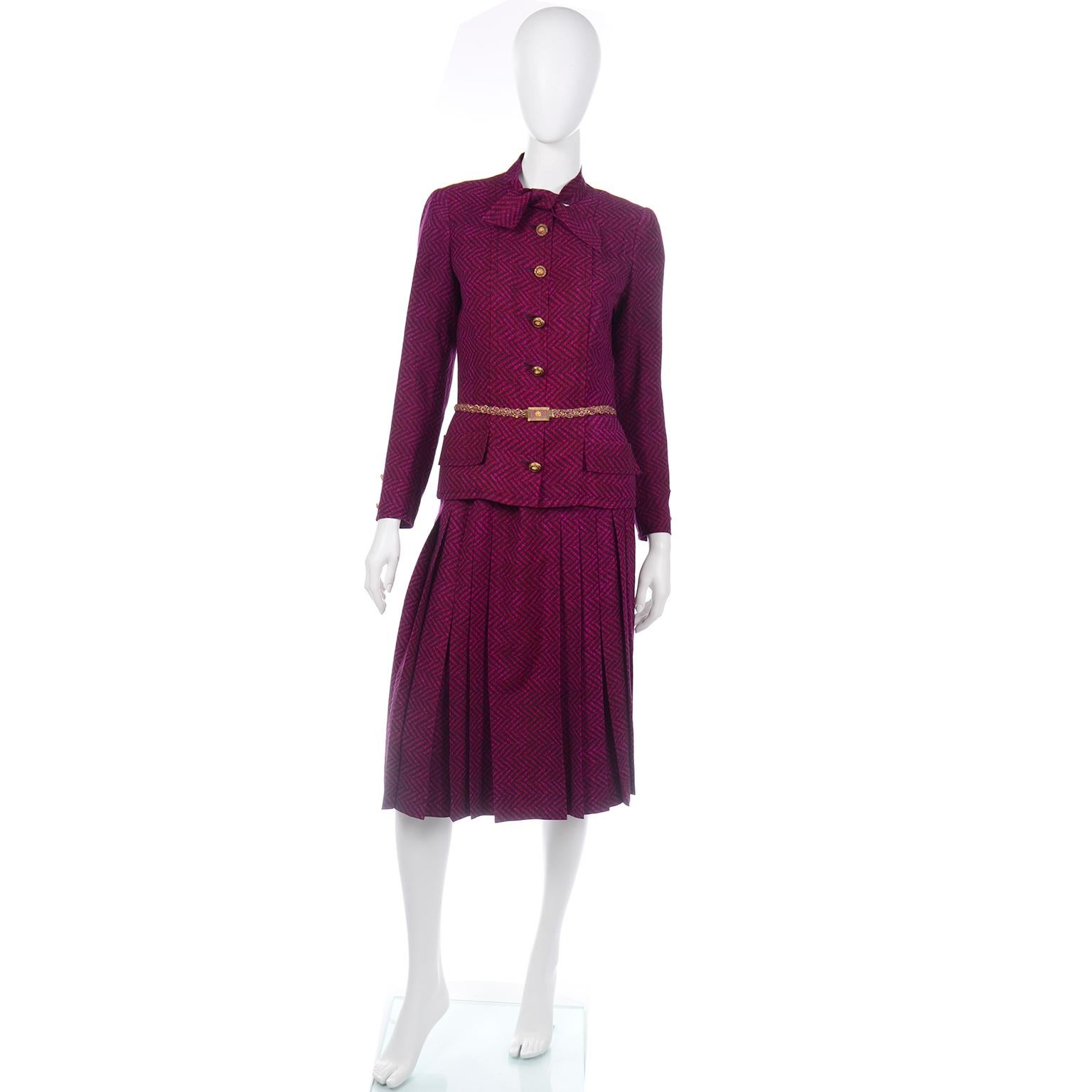 Women's Chanel Haute Couture Vintage 2pc Purple Wool Jacket & Skirt Suit W Braided Belt