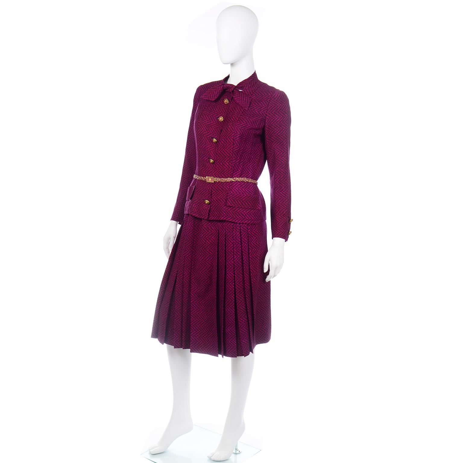 Chanel Haute Couture Vintage 2pc Purple Wool Jacket & Skirt Suit W Braided Belt 1
