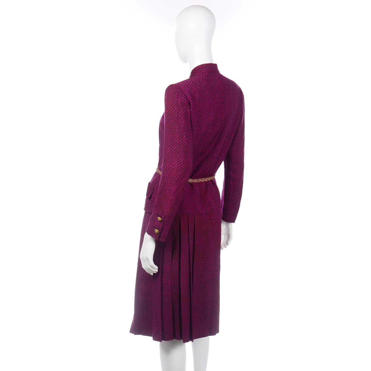 Chanel Haute Couture Vintage 2pc Purple Wool Jacket & Skirt Suit W Braided Belt 2