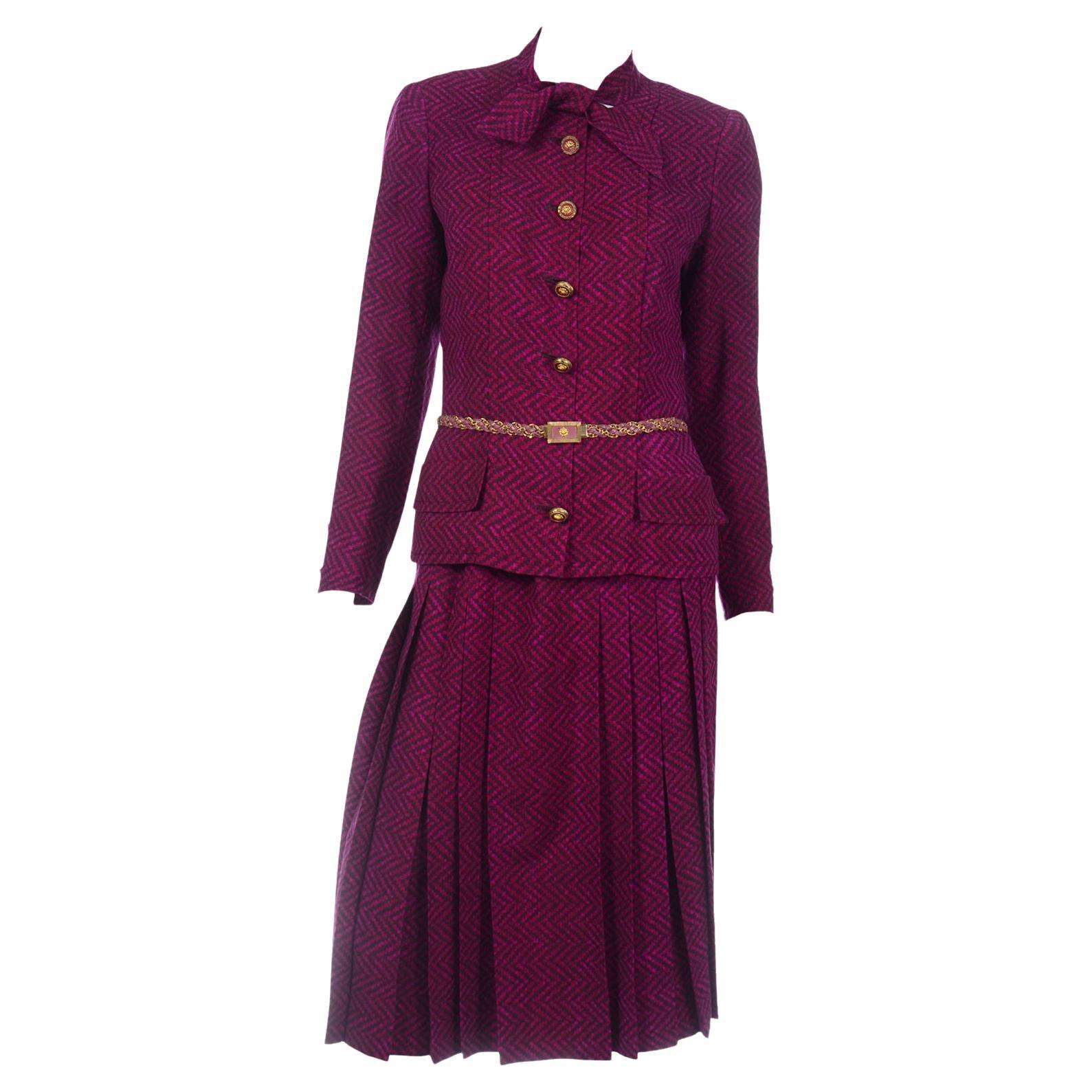 Chanel Haute Couture Vintage 2pc Purple Wool Jacket & Skirt Suit W Braided Belt