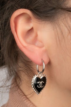 Chanel Heart Earrings Enameled with Black, 2007
