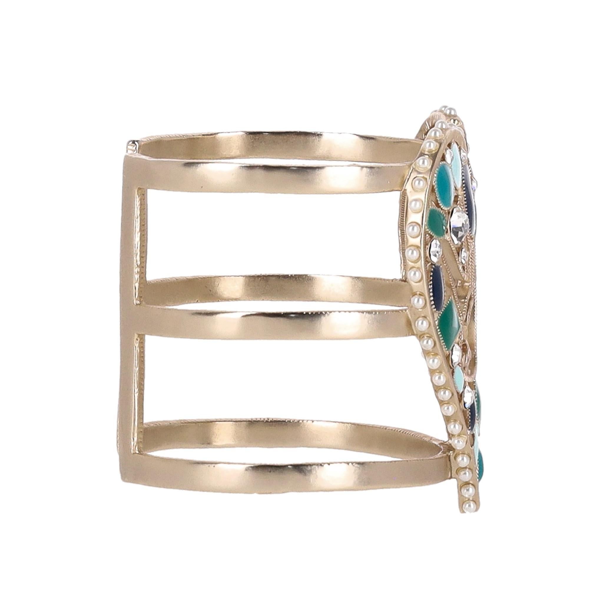 Chanel Heart-Shaped Enamel, Pearl & Swarovski Crystal Peace Cuff Bracelet For Sale 1