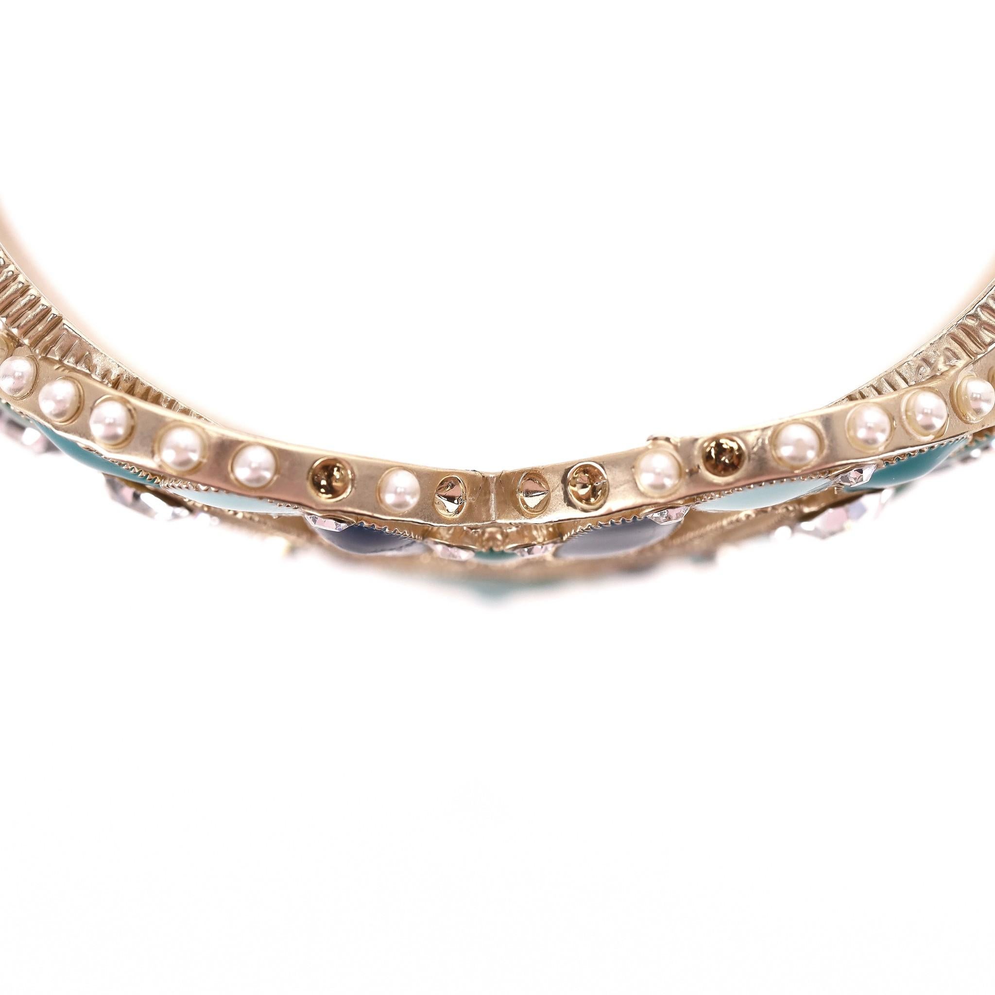 Chanel Heart-Shaped Enamel, Pearl & Swarovski Crystal Peace Cuff Bracelet For Sale 3