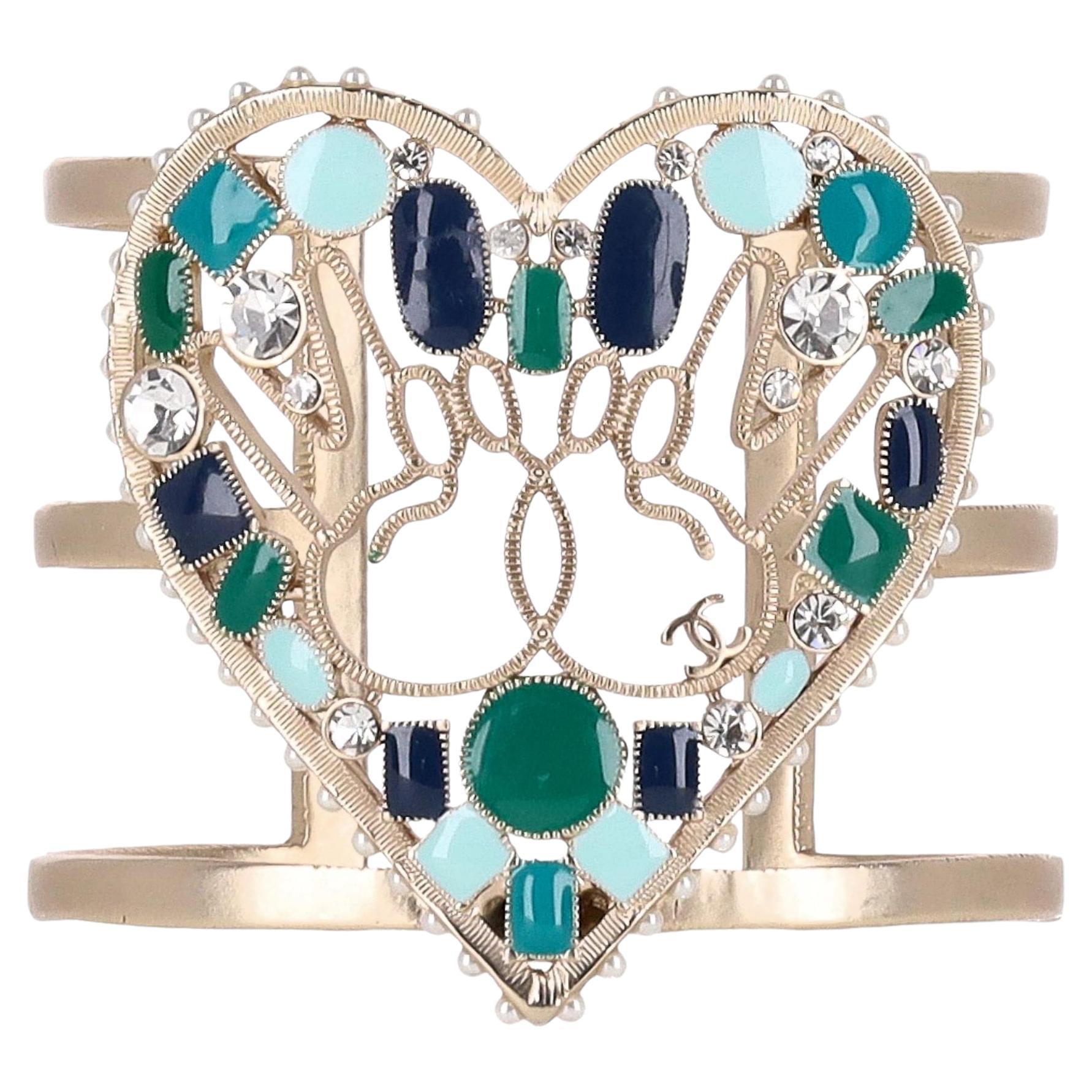 Chanel Heart-Shaped Enamel, Pearl & Swarovski Crystal Peace Cuff Bracelet For Sale