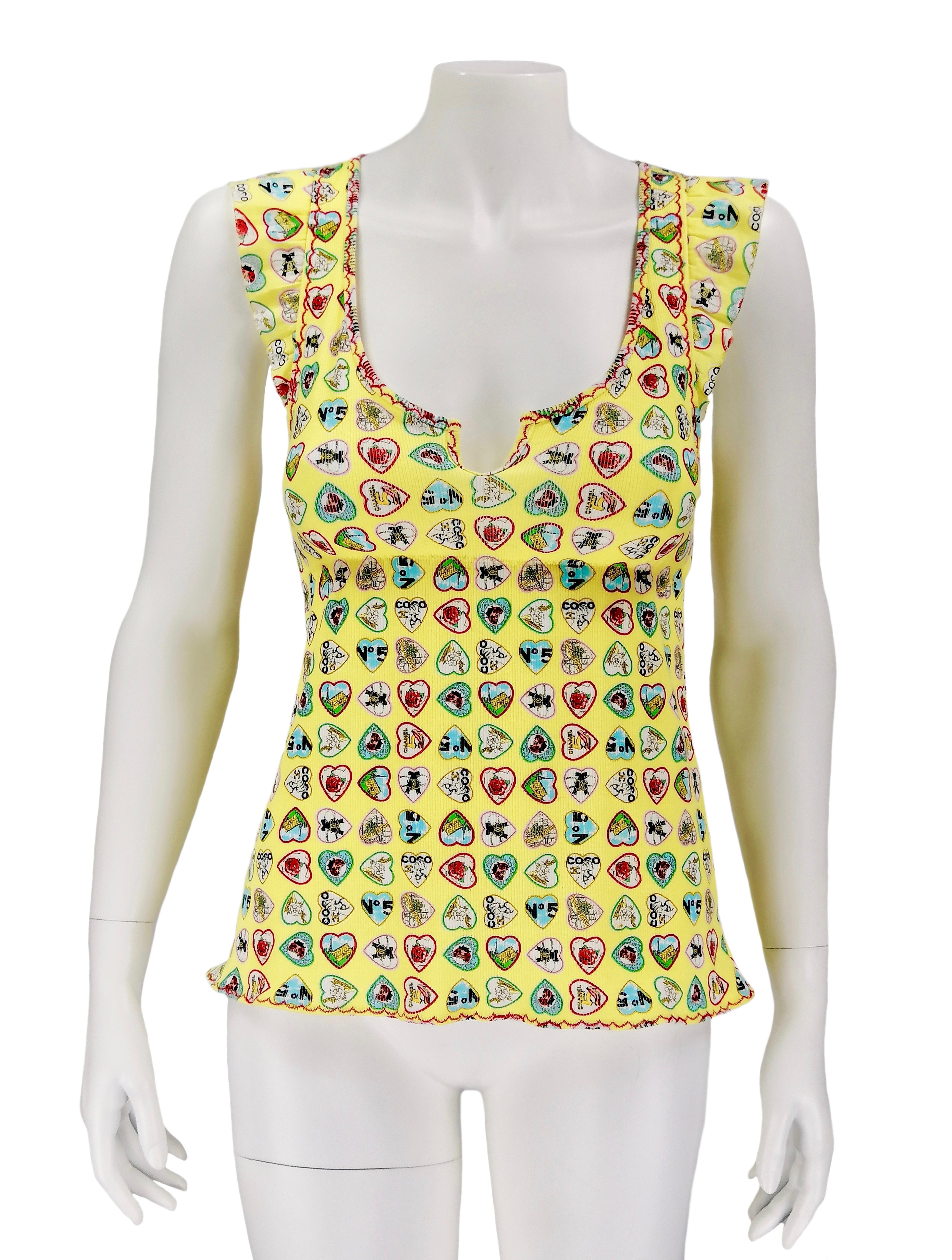 CHANEL top 
Yellow and hearts
Spring 2006 Collection
Made in Italy
Size F 36
95% cotton
 5% spandex
Excellent condition