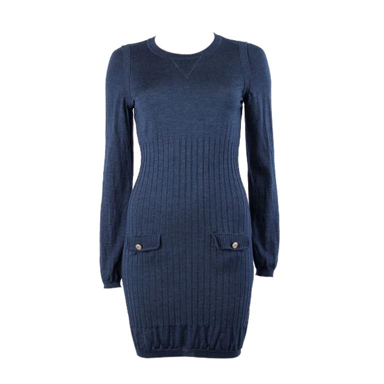 CHANEL heather blue wool & silk KNIT Long Sleeve Dress XS For Sale