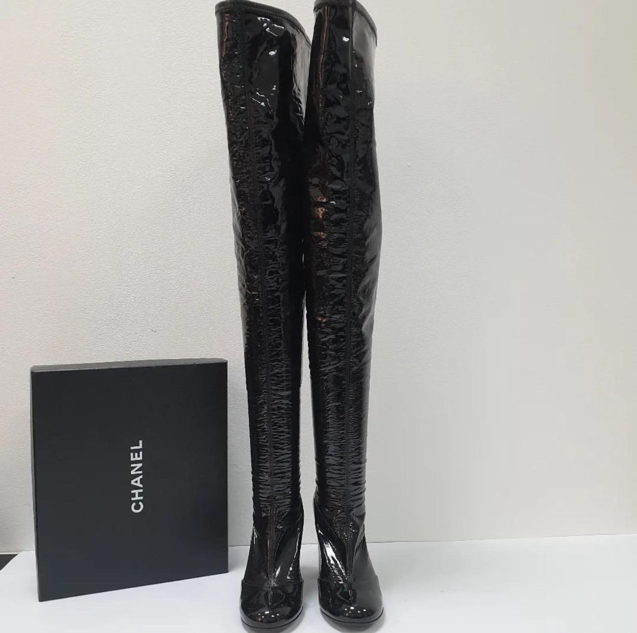 Chanel High Over Knee Black Patent Leather Boots 1
