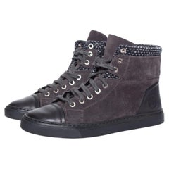 Chanel,  high top cc logo tennis sneakers with tweed