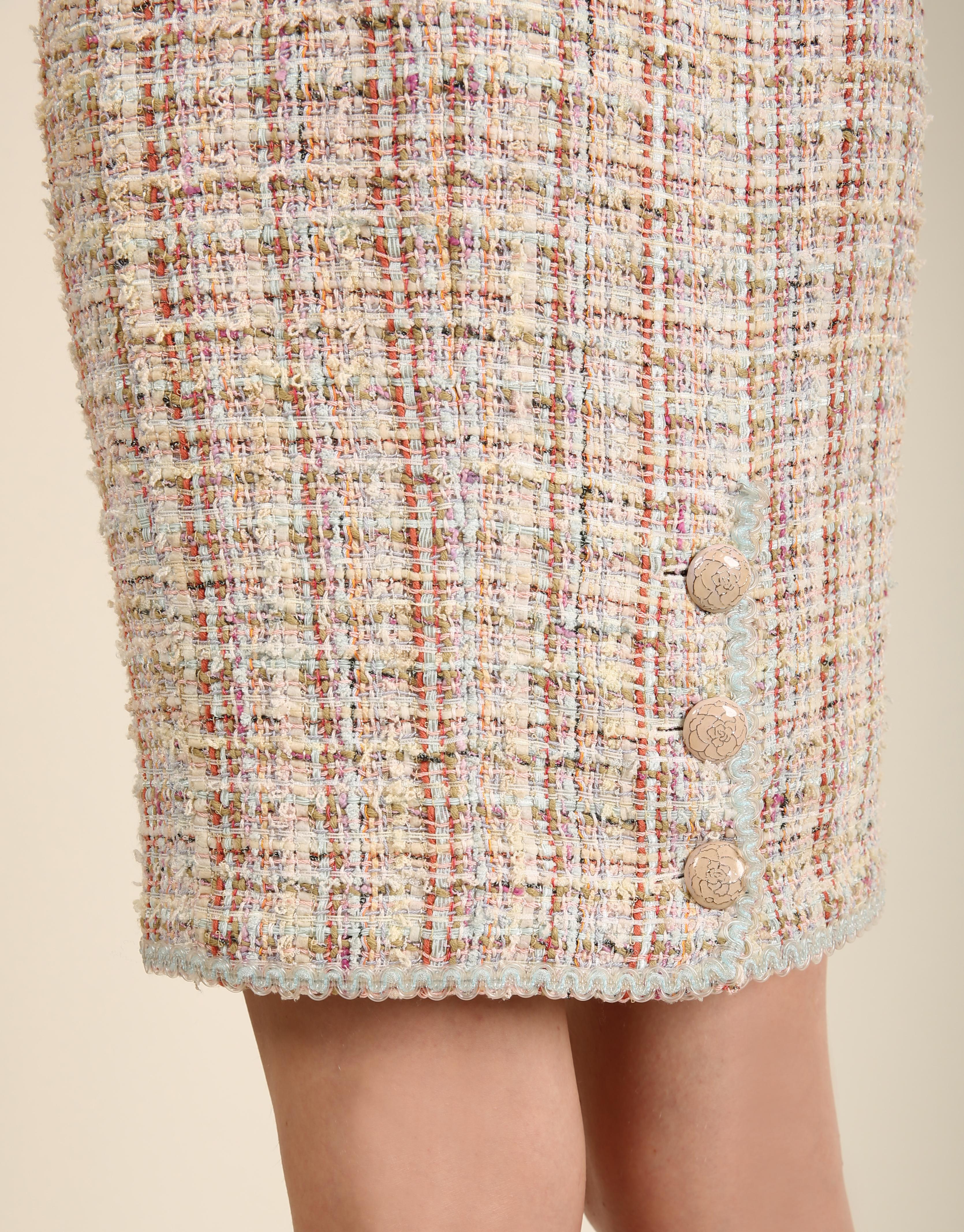 Chanel high waisted tweed pastel blue pink lilac green white button skirt 2