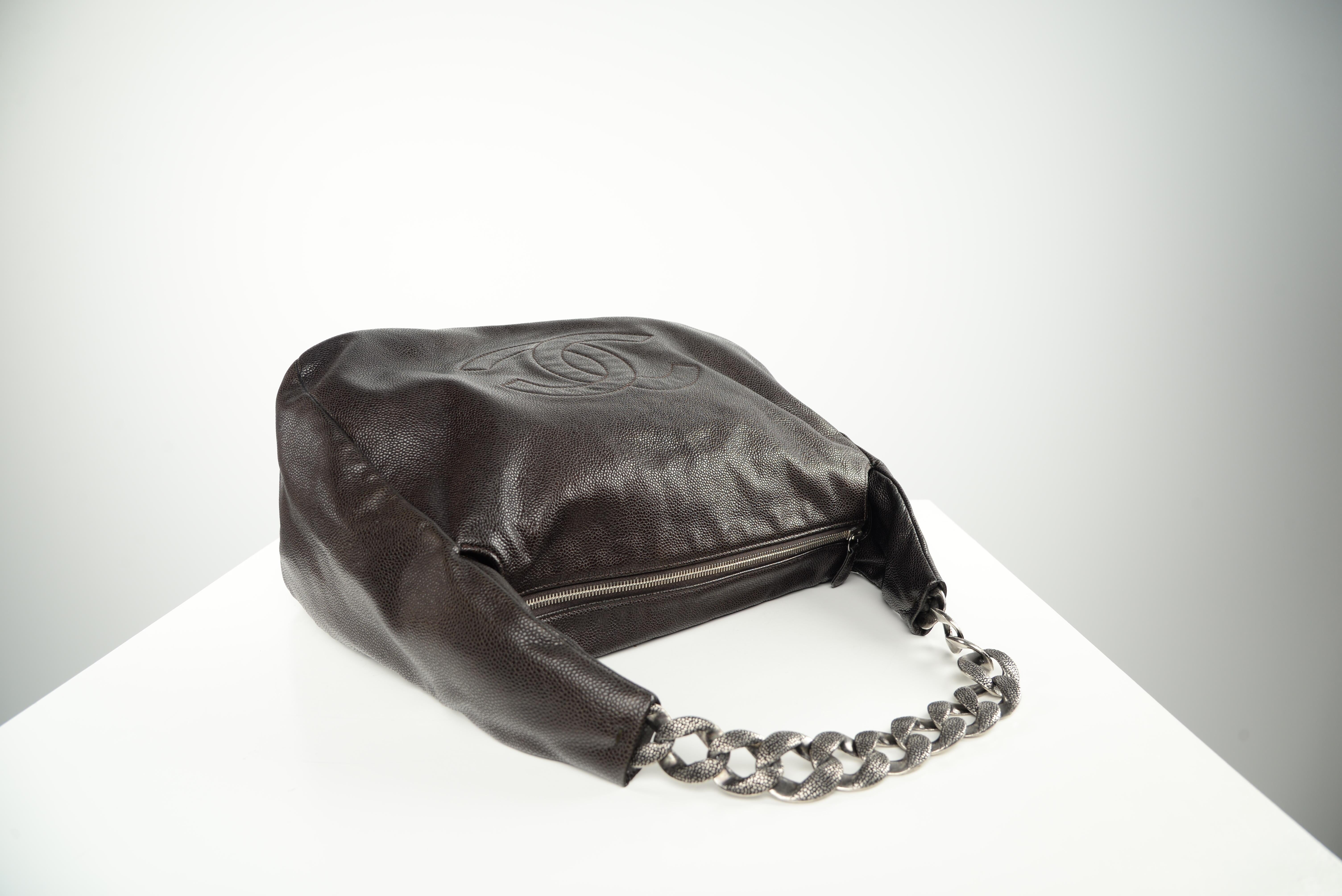 Black Chanel Hobo Chain Bag Caviar Leather Shoulder Bag Tote For Sale